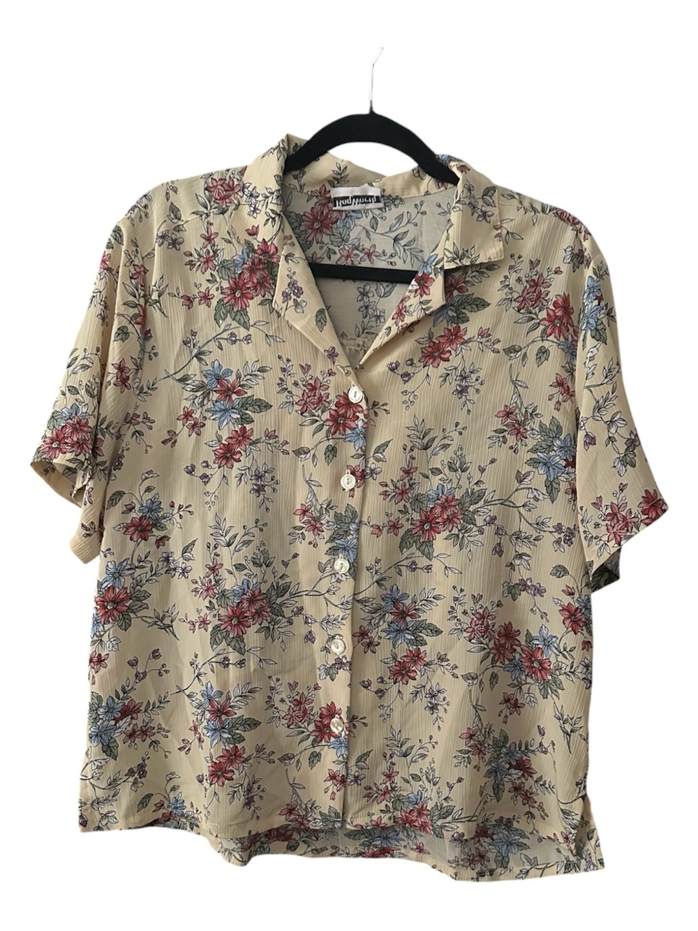 BonWorth Beige Floral Button-Down Shirt with Red & Blue Accents